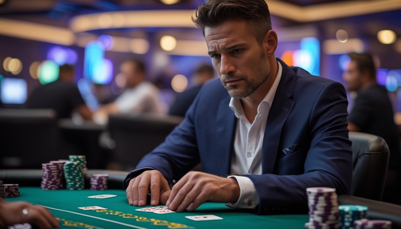 Seorang pria dewasa duduk tenang di meja poker dengan ekspresi fokus dan mengendalikan emosi setelah kalah bermain mini poker.