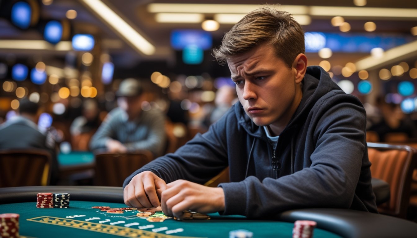 Seorang pria muda duduk di meja poker dengan ekspresi kecewa setelah kalah bermain mini poker.