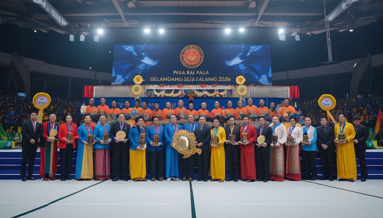 Suasana upacara pemberian penghargaan Piala Raja Paku Alam 2026 di dalam gelanggang olahraga dengan para atlet penerima piala dan medali, disaksikan oleh penonton dan pejabat.