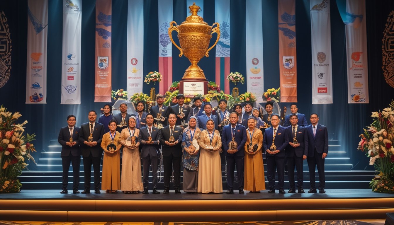 Upacara penghargaan olahraga di dalam arena Gelanggang Sultan Agung Bantul dengan piala besar di tengah panggung dan para atlet serta pejabat sedang merayakan kemenangan.