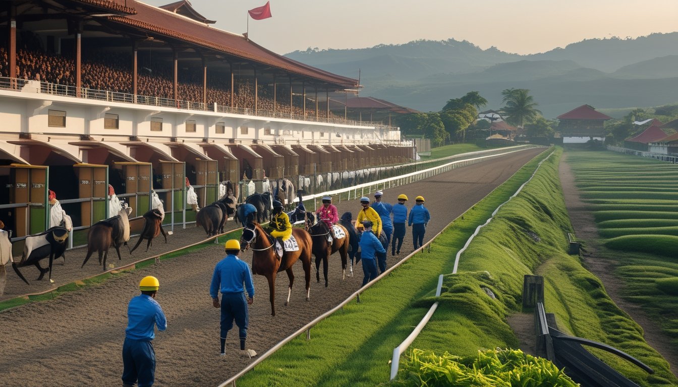 Pemandangan arena pacuan kuda Legokjawa dengan joki dan kuda yang sedang bersiap di lintasan, latar belakang penonton dan pemandangan pedesaan hijau.