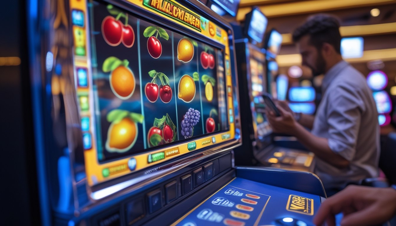 Seorang pemain sedang menggunakan tablet di depan mesin slot buah yang berwarna-warni di kasino.