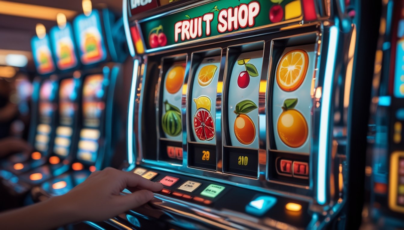 Mesin slot buah berwarna-warni dengan simbol buah segar, tangan seseorang menekan tombol putar di kasino.
