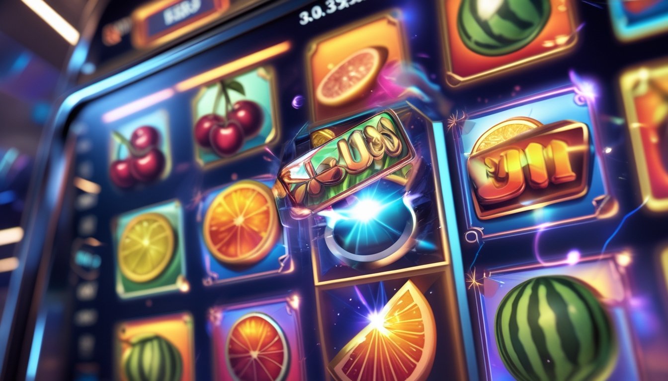 Tampilan layar permainan slot online dengan simbol buah berwarna-warni dan efek bonus yang menyala.