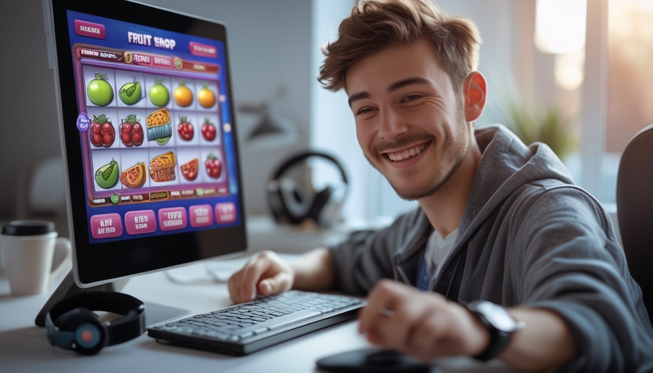 Seorang pemuda sambil tersenyum memainkan permainan slot bertema toko buah di layar laptop di dalam ruangan yang terang dan nyaman.