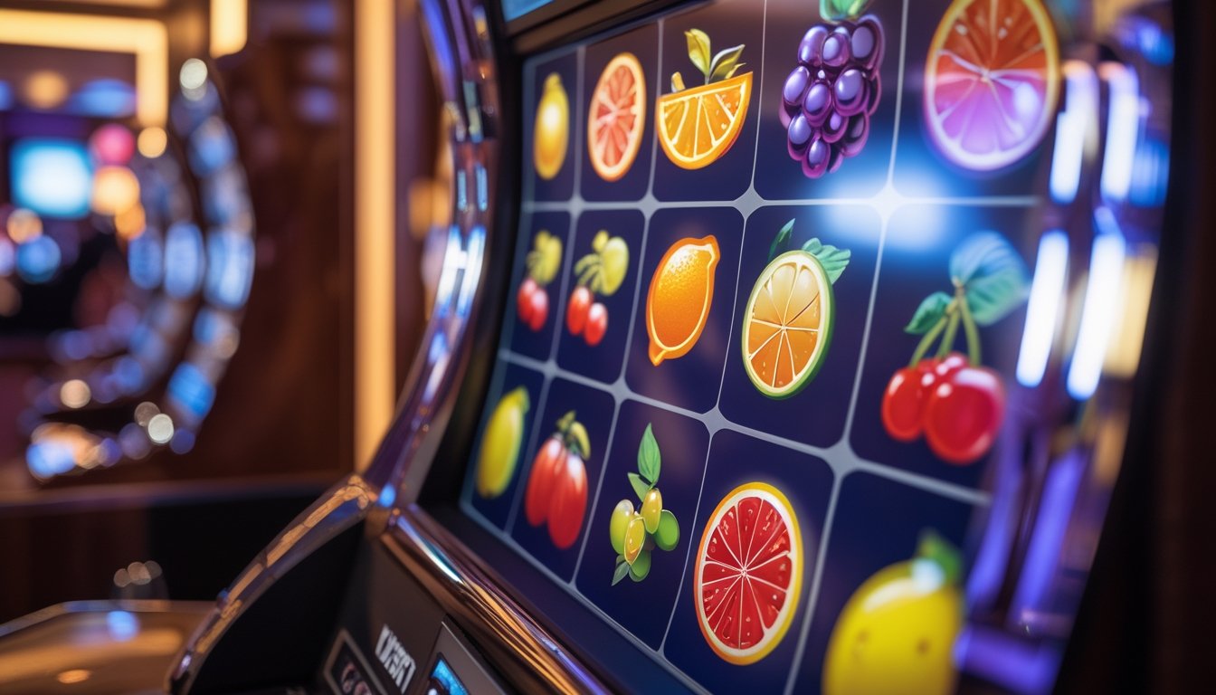 Close-up mesin slot dengan simbol buah berwarna cerah seperti ceri, lemon, dan semangka di lingkungan kasino yang mewah.