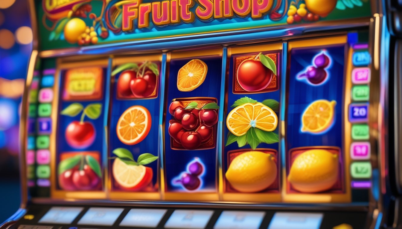 Tampilan dekat mesin slot dengan simbol buah berwarna cerah seperti ceri, apel, jeruk, lemon, dan anggur dalam suasana kasino yang terang.