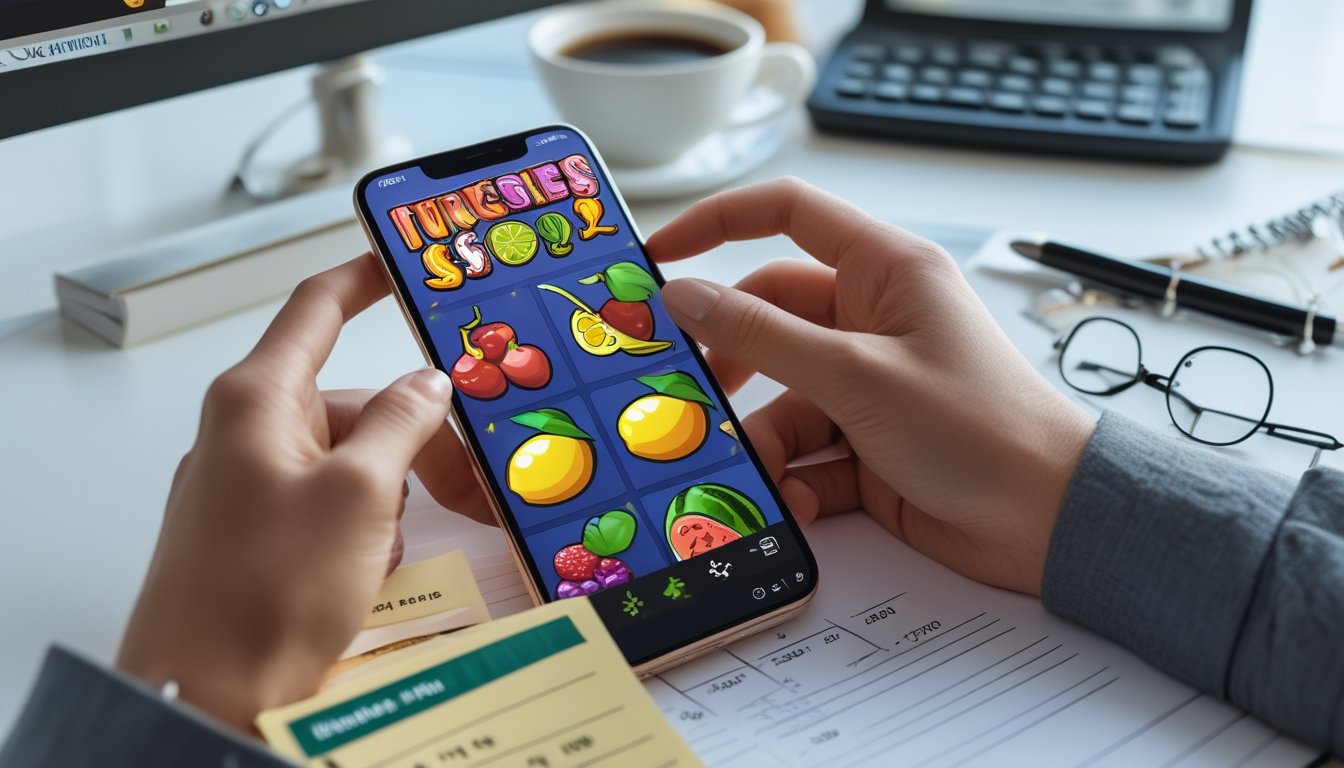 Seseorang sedang menggunakan ponsel untuk bermain permainan slot buah sambil mencatat strategi pengelolaan modal di sebuah meja kerja.