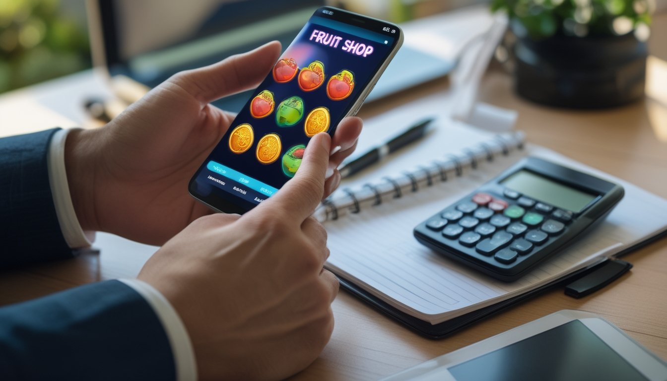Seseorang memegang ponsel yang menampilkan permainan slot online Fruit Shop dengan alat tulis dan kalkulator di meja.