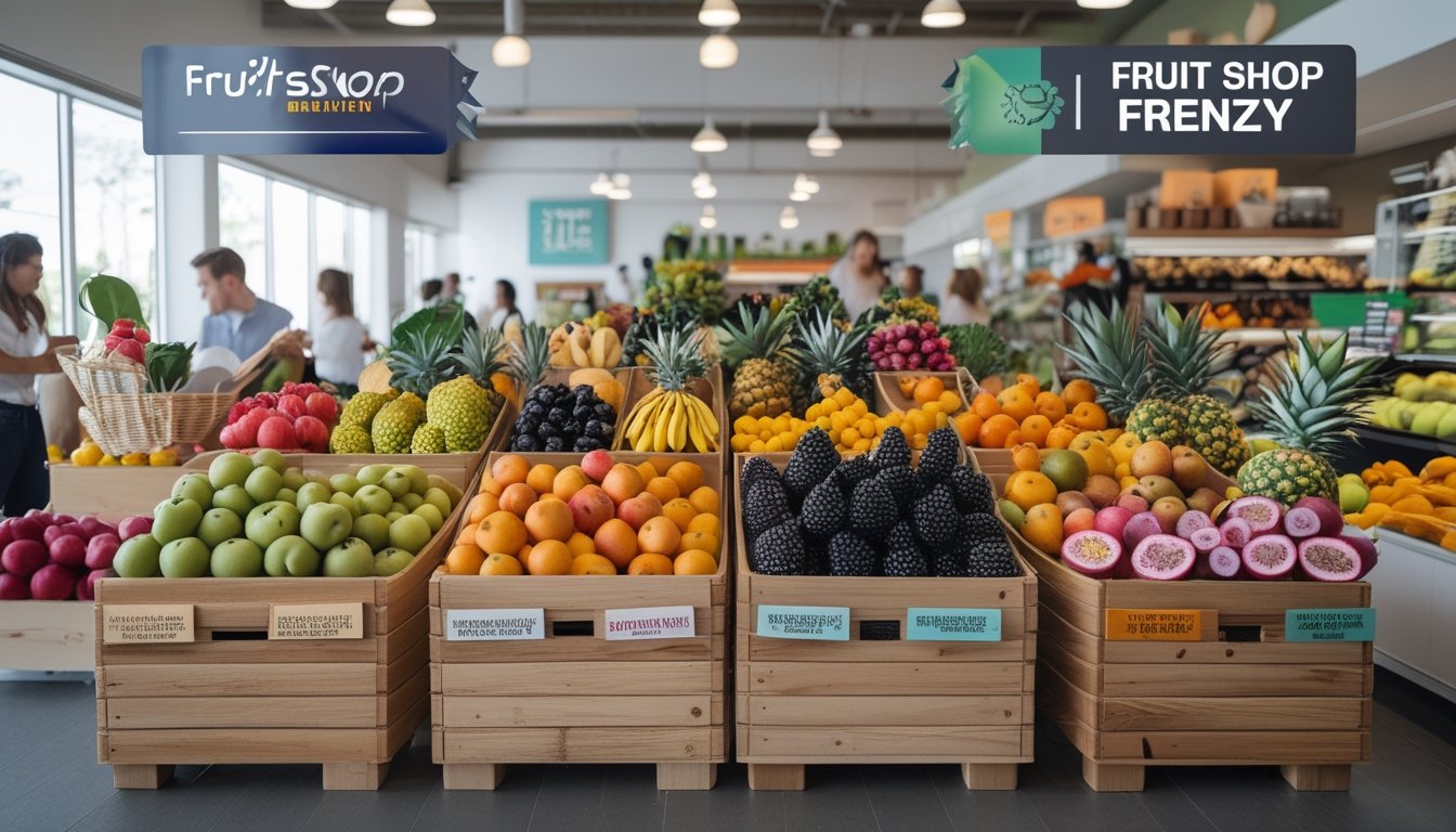 Interior toko buah dengan dua bagian yang menampilkan berbagai buah segar dan pelanggan yang sedang memilih buah.