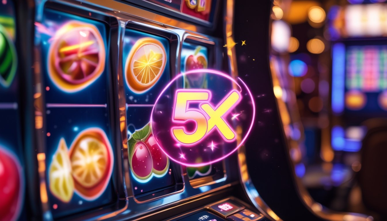 Tampilan mesin slot buah dengan simbol buah berwarna cerah dan ikon pengganda 5x yang menyala di layar.