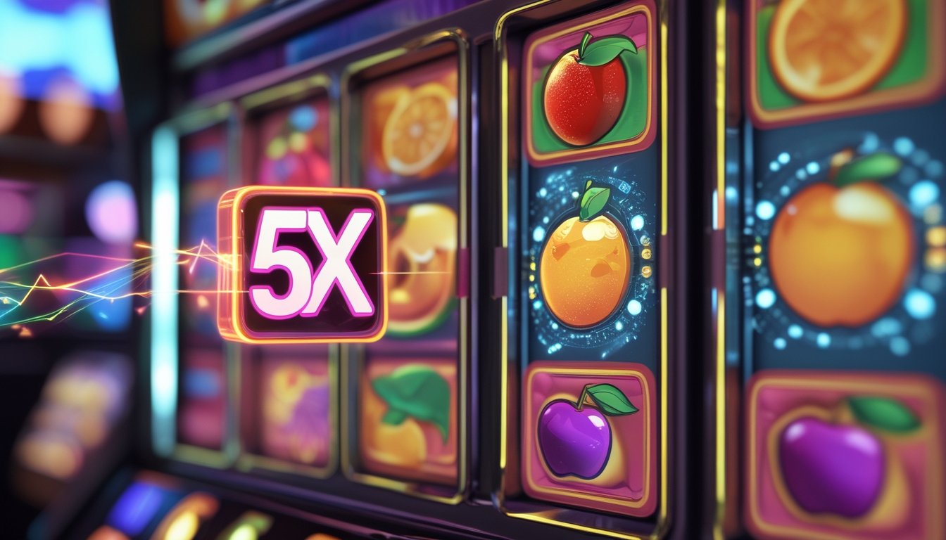 Mesin slot berwarna-warni dengan simbol buah dan ikon pengali 5x yang menyala, menggambarkan fitur bonus dalam permainan slot Fruit Shop Frenzy.
