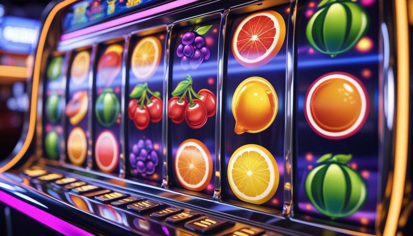 Mesin slot berwarna cerah dengan simbol buah seperti ceri, jeruk, lemon, anggur, dan semangka yang berputar di layar mesin.