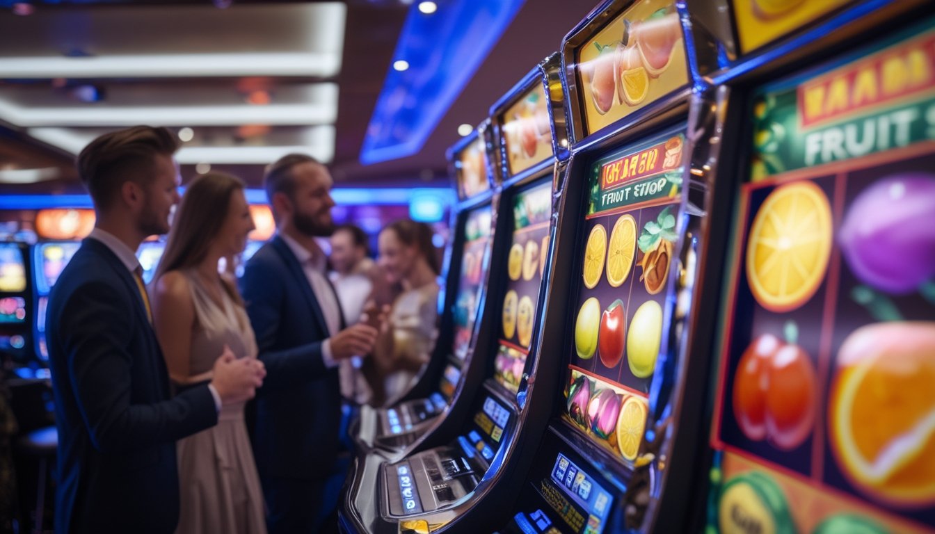 Mesin slot bertema buah di kasino dengan orang-orang yang menikmati permainan di latar belakang.