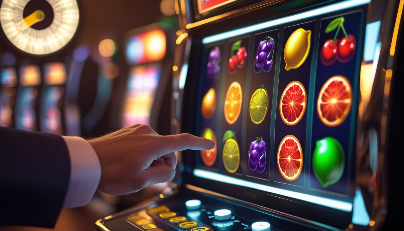 Sebuah mesin slot bertema buah dengan tangan seseorang yang siap memutar, latar belakang menunjukkan jam sebagai simbol waktu terbaik bermain.