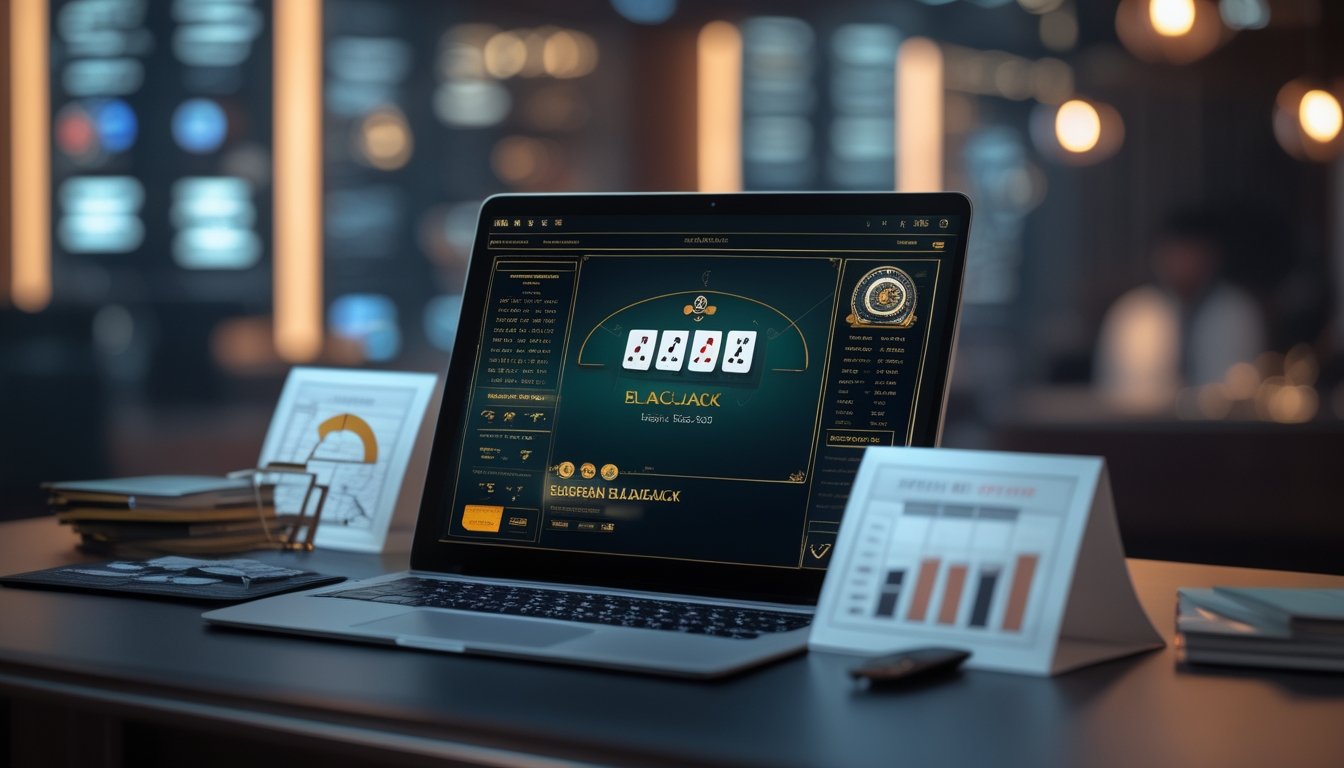 Seorang pemain sedang menggunakan laptop dengan permainan European Blackjack di layar, dikelilingi oleh catatan dan grafik strategi di meja modern.