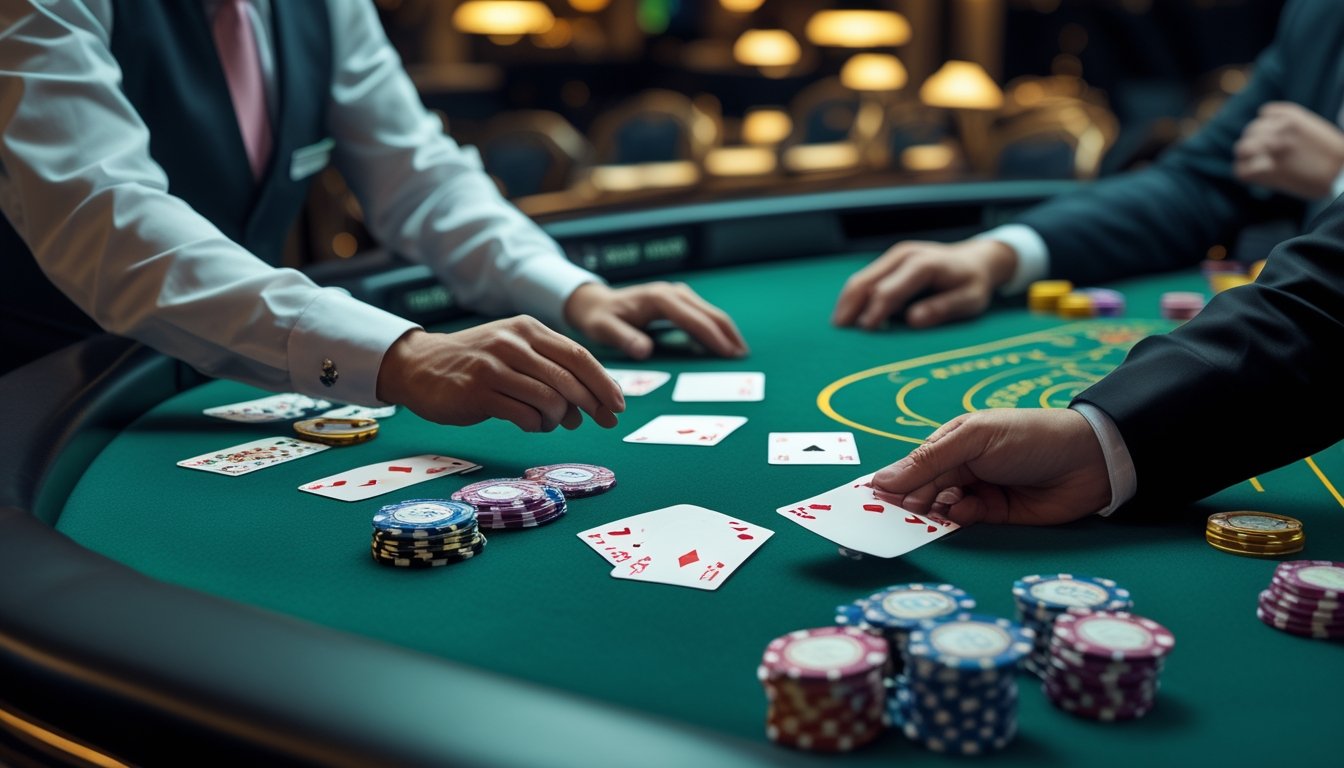 Meja kasino dengan kartu blackjack dan tumpukan chip, memperlihatkan suasana permainan European Blackjack.