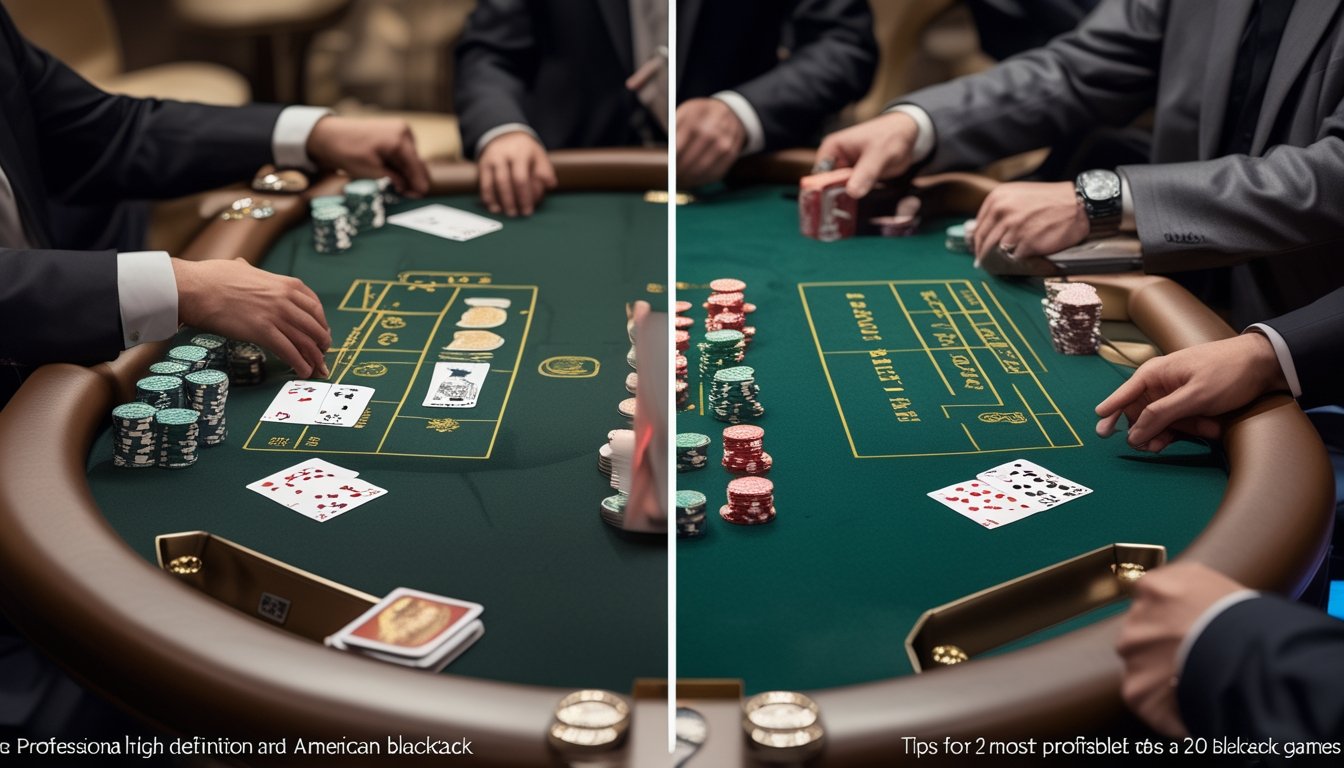 Meja blackjack di kasino yang terbagi menjadi dua bagian, satu menunjukkan permainan European blackjack dengan satu set kartu dan dealer yang memperlihatkan satu kartu, dan satu lagi menunjukkan American blackjack dengan dua set kartu dan dealer yang memegang dua kartu dengan satu tertutup.