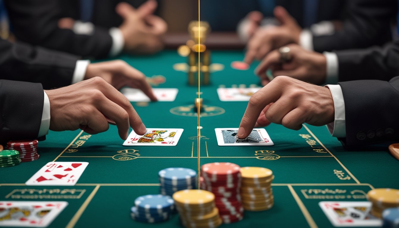 Meja blackjack di kasino dengan dua tangan kartu yang menunjukkan perbedaan aturan European dan American blackjack.
