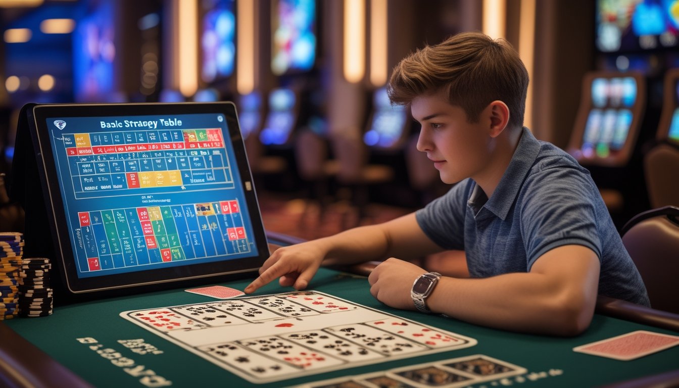 Seorang pemula sedang mempelajari tabel strategi dasar European Blackjack di meja kasino dengan kartu dan chip tertata rapi.