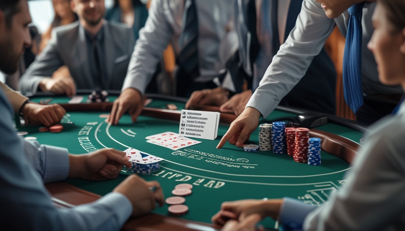 Beberapa pemain dan dealer sedang bermain blackjack di meja kasino dengan kartu dan chip, fokus pada strategi permainan.