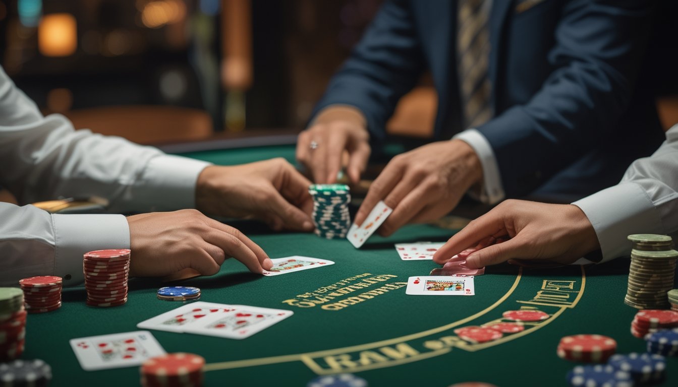 Meja blackjack Eropa dengan dealer dan pemain yang sedang bermain kartu dan taruhan tanpa memperlihatkan kartu hole.