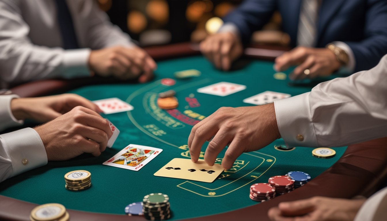 Meja blackjack dengan dealer membagikan kartu tanpa kartu tertutup di depan dealer, dengan pemain memperhatikan di sekeliling meja.