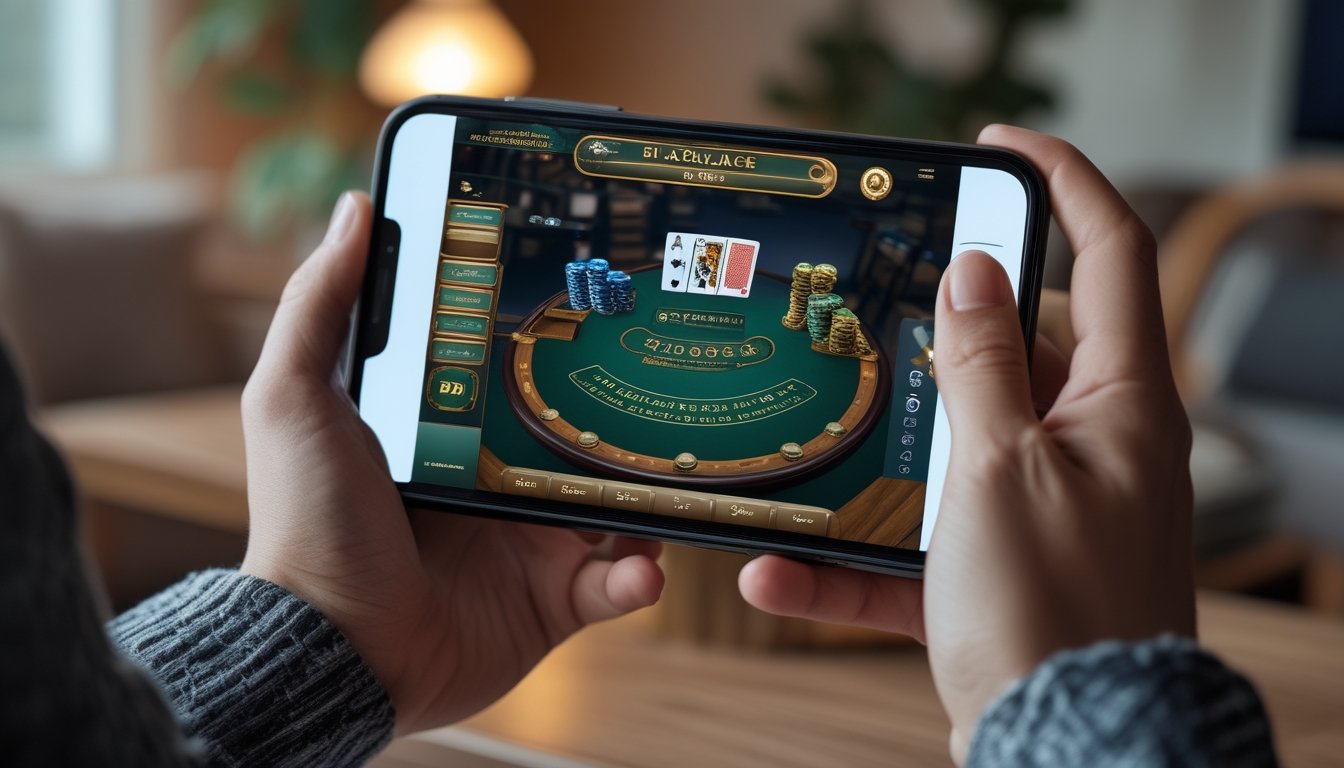 Seseorang memegang smartphone yang menampilkan permainan European Blackjack di layar.