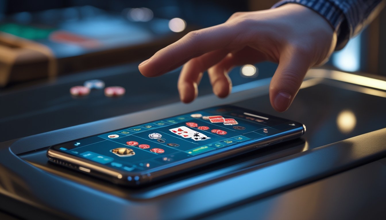 Seseorang memegang smartphone yang menampilkan permainan European Blackjack dengan kartu dan chip di atas meja.