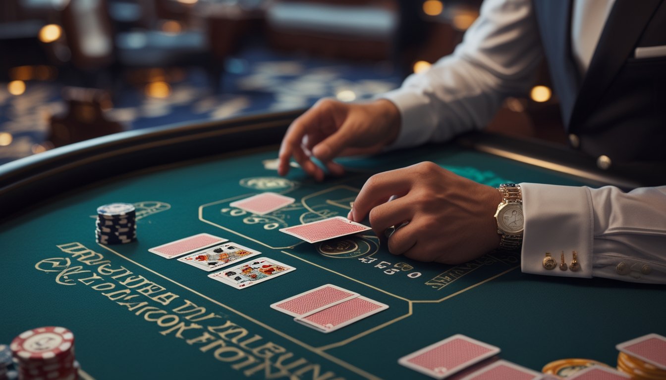 Seorang pemain di meja blackjack sedang memegang kartu dengan tumpukan chip di depan, di sebuah kasino dengan dealer yang mengamati.