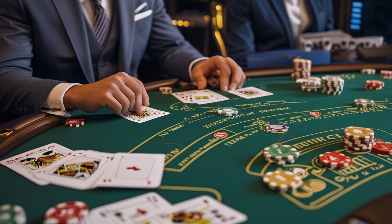 Seorang pemain di meja blackjack Eropa sedang menganalisis kartu dengan tumpukan chip di depan dan dealer di latar belakang.