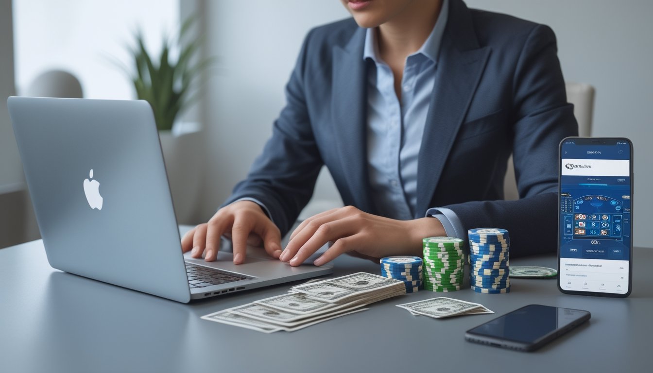 Seseorang duduk di depan laptop yang menampilkan permainan European Blackjack, sambil mengatur tumpukan chip dan uang dengan fokus.
