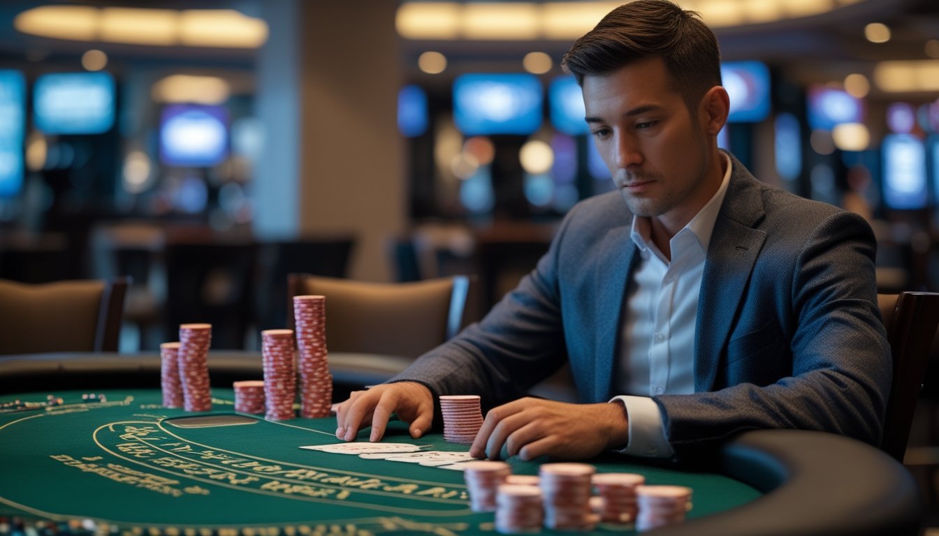Seorang pemain duduk di meja blackjack Eropa dengan tumpukan chip di depan, fokus mengelola uangnya dalam suasana kasino yang modern dan resmi.