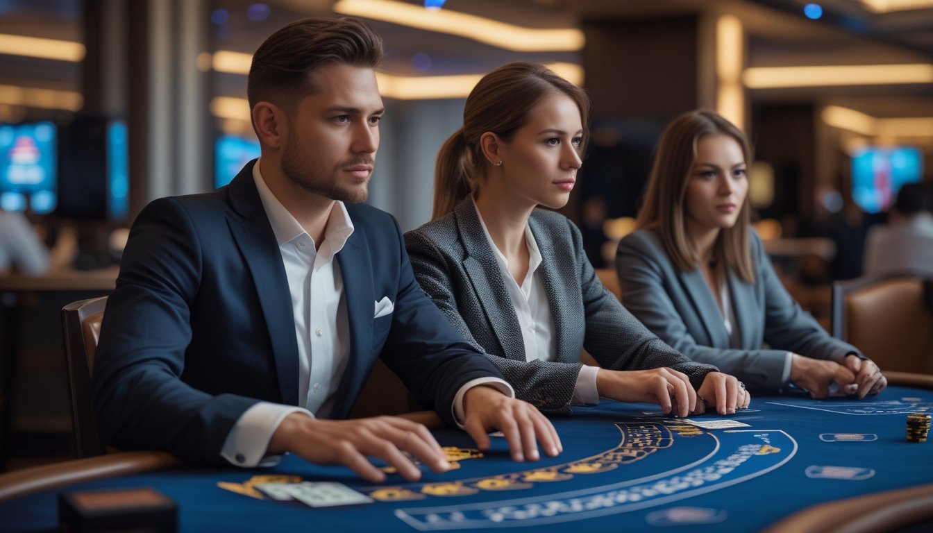 Dua pemain profesional sedang bermain blackjack di meja kasino dengan suasana modern dan pencahayaan hangat.