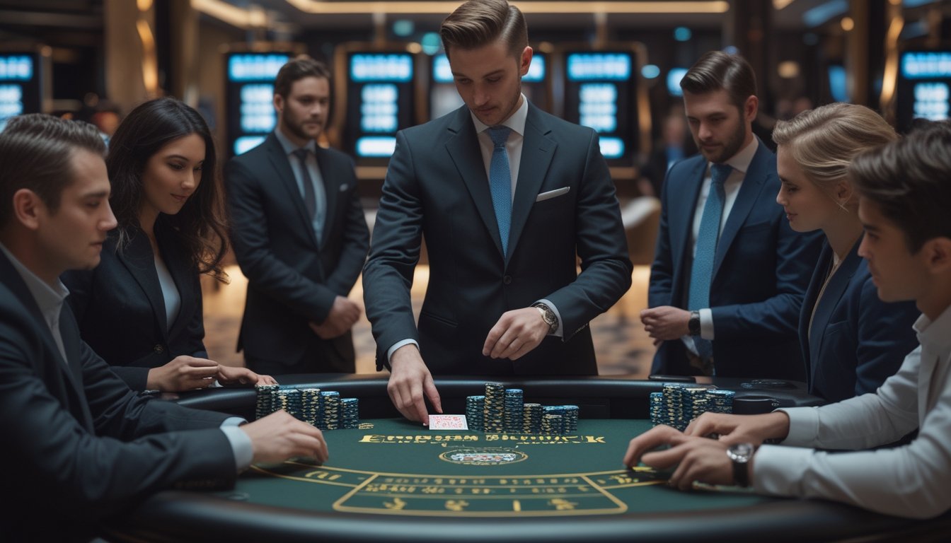 Seorang dealer blackjack profesional melayani pemain di meja blackjack dengan suasana kasino modern.
