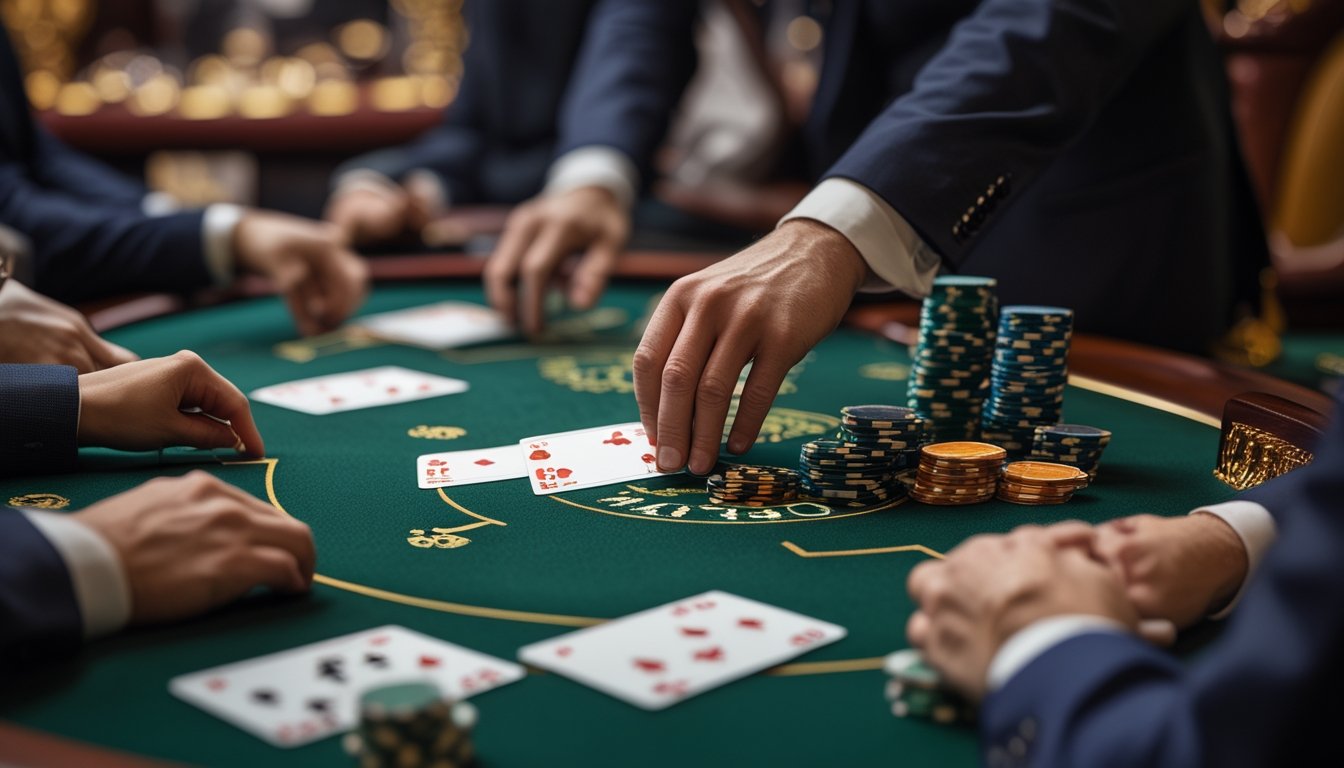 Meja blackjack Eropa dengan dealer yang sedang membagikan kartu kepada pemain yang fokus bermain.