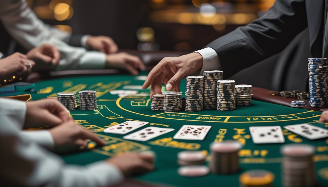 Meja blackjack dengan kartu dan chip, menunjukkan suasana permainan European Blackjack di kasino.