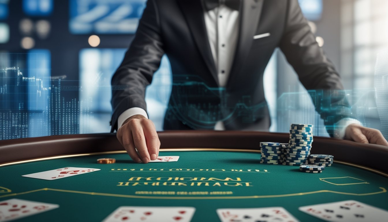Seorang dealer kartu di meja blackjack dengan tumpukan chip di kasino modern, latar belakang menampilkan elemen digital futuristik.