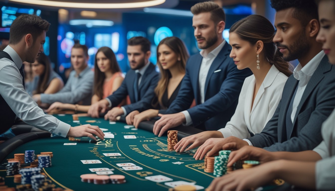 Beberapa pemain dan dealer sedang bermain European Blackjack di meja kasino dengan kartu dan chip, suasana profesional dan fokus.