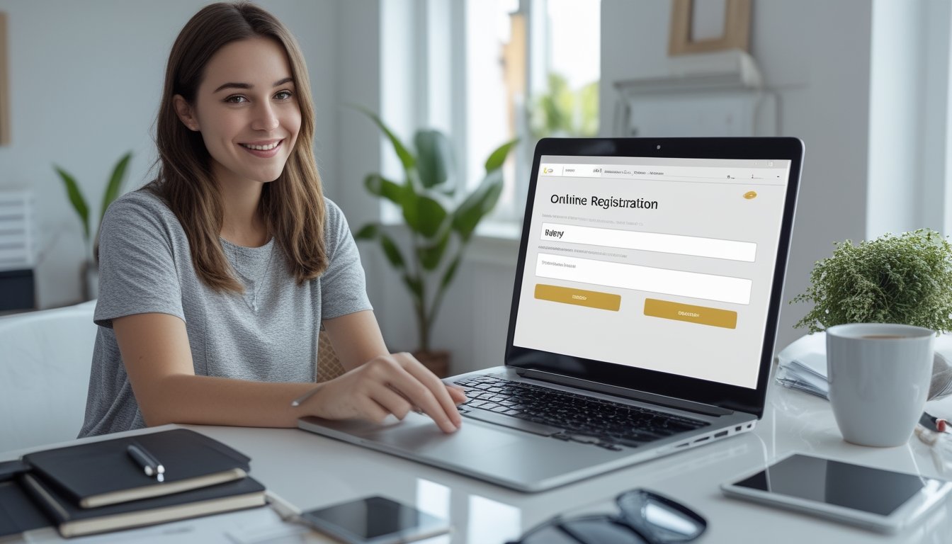 Seseorang duduk di meja kerja dengan laptop terbuka, tersenyum saat mendaftar akun online, di ruang terang dengan tanaman dan peralatan kantor.