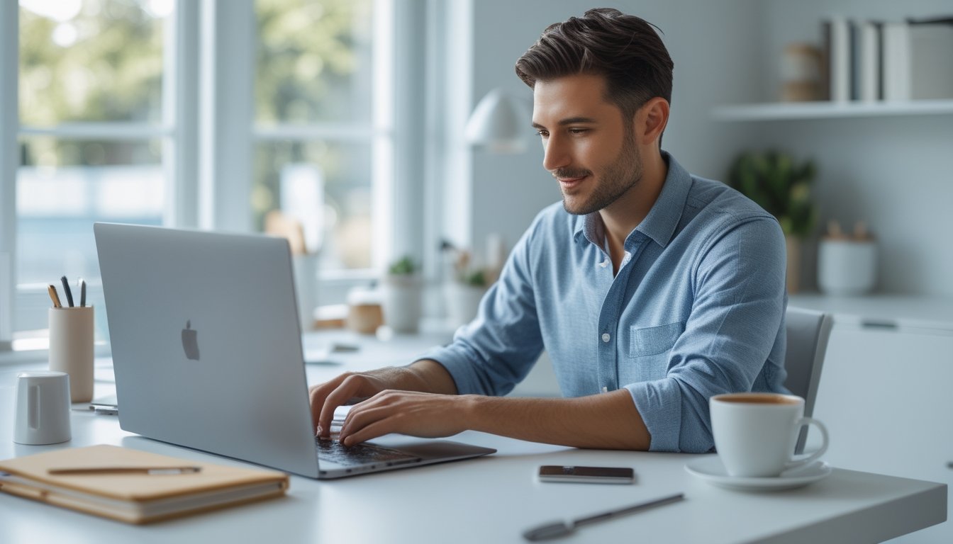 Seorang pria muda duduk di meja kerja dengan laptop, sedang mendaftar akun online di ruang kerja yang terang dan rapi.