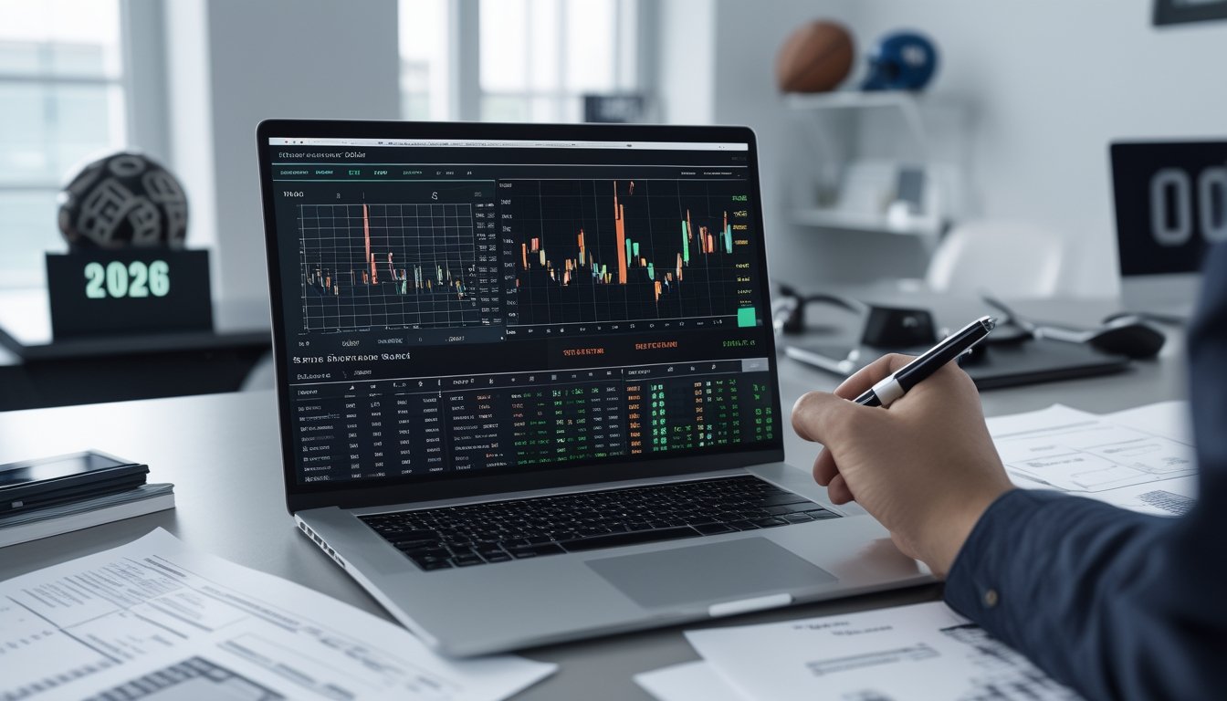 Meja kerja dengan laptop yang menampilkan grafik statistik olahraga, tangan memegang pena menunjuk data, dan suasana kantor yang terang dengan barang-barang olahraga di latar belakang.