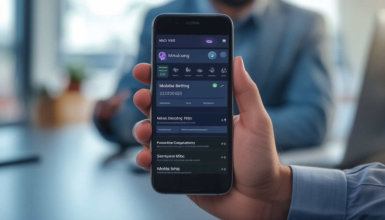 Seseorang memegang ponsel yang menampilkan aplikasi taruhan mobile dengan latar belakang ruangan modern.