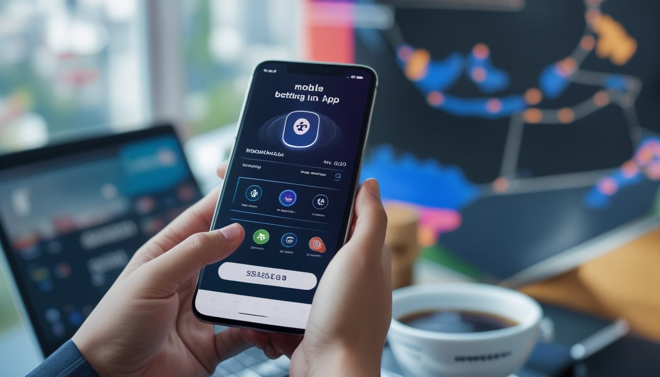 Seseorang memegang ponsel yang menampilkan aplikasi taruhan mobile dengan latar belakang yang menunjukkan elemen Indonesia dan meja kerja modern.