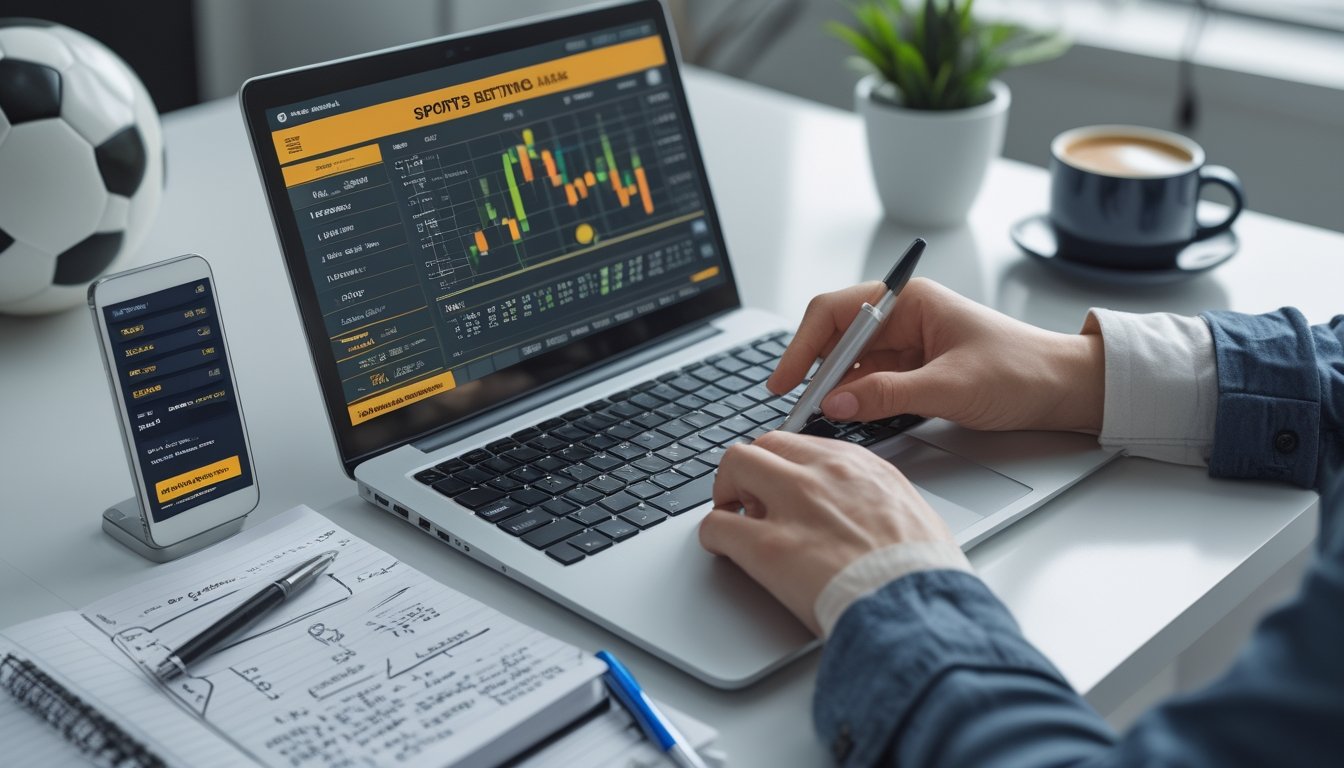 Meja kerja dengan laptop yang menampilkan grafik odds sepak bola, tangan seseorang memegang pena dan mencatat di catatan buku, dengan bola dan cangkir kopi di latar belakang.