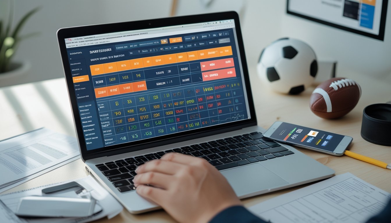 Meja kerja dengan laptop yang menampilkan grafik odds taruhan bola, smartphone, dan alat tulis, menggambarkan suasana belajar membaca odds bola Sbobet.