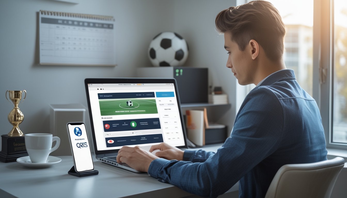Seorang pria muda duduk di meja modern menggunakan laptop dan smartphone dengan kode QRIS, di sekitarnya terdapat bola sepak dan trofi.