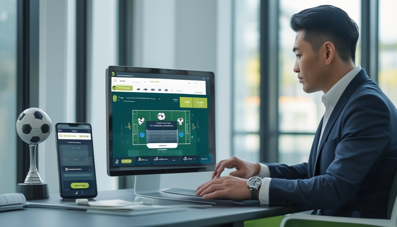 Seorang pria duduk di depan laptop dengan tampilan platform taruhan bola dan ponsel menampilkan kode QRIS di meja kantor modern.