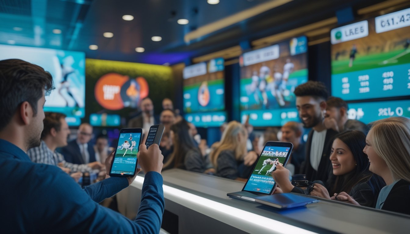 Sekelompok orang antusias sedang memasang taruhan langsung pada pertandingan sepak bola Piala Dunia 2026 di sebuah ruang taruhan modern dengan layar digital besar menampilkan statistik dan pertandingan secara real-time.
