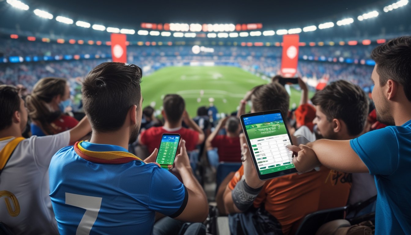 Sekelompok penggemar sepak bola yang antusias menonton pertandingan langsung di stadion besar sambil menggunakan ponsel untuk taruhan langsung selama Piala Dunia 2026.